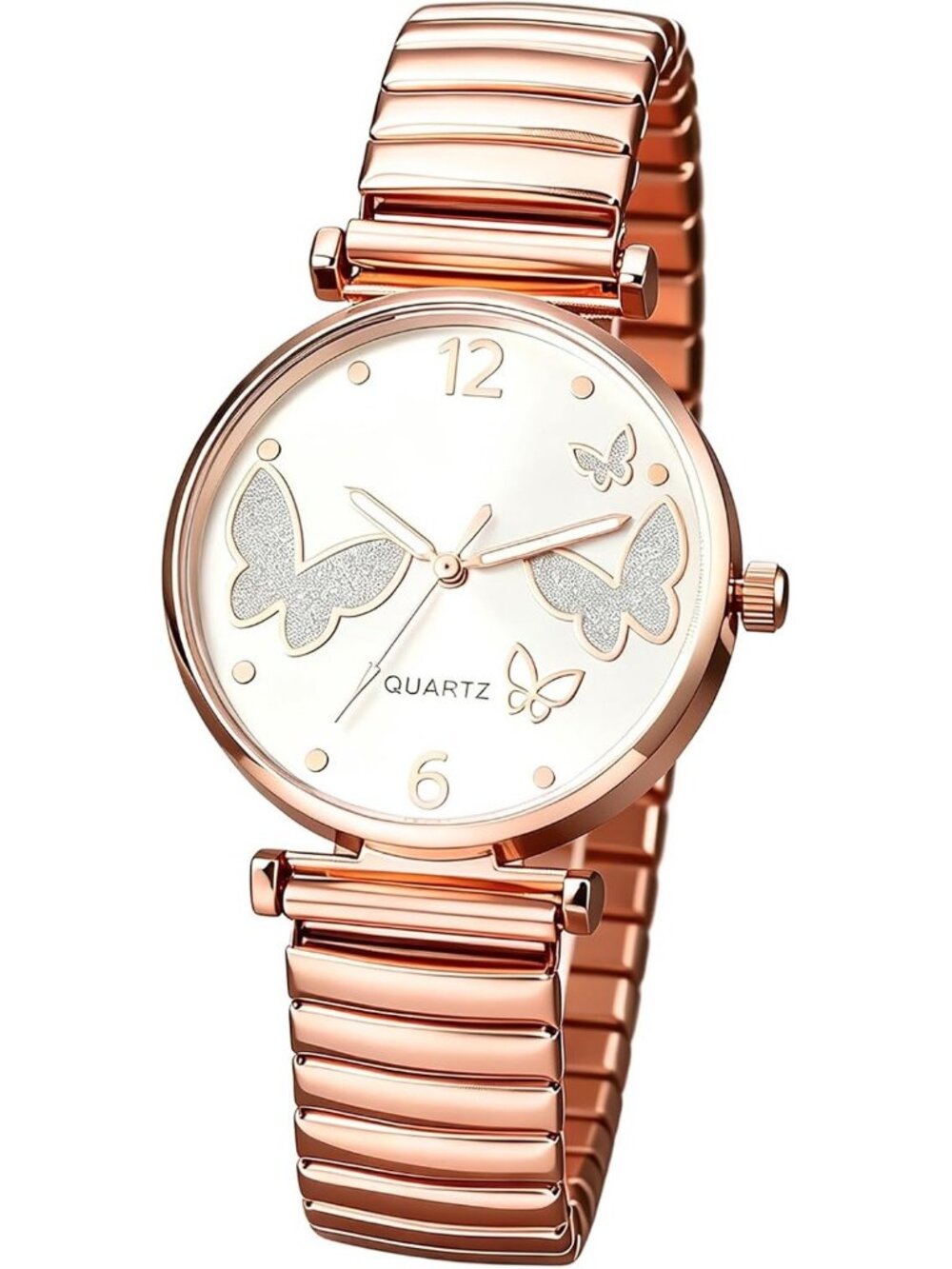 Women's Rose Gold Elastic Bangle Butterfly Stainless Steel Expansion Strap Watch